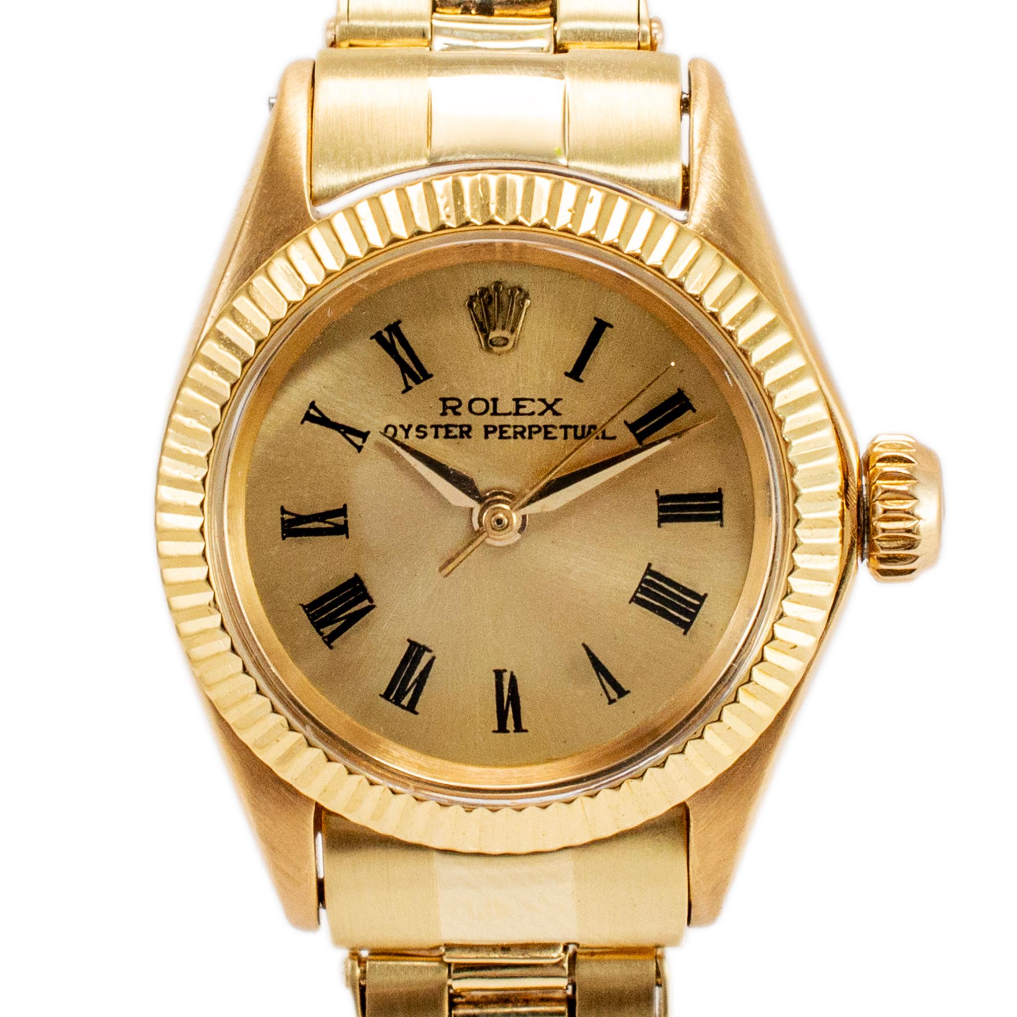 Brand: Rolex

Gender: Ladies

Metal Type: 14K Yellow Gold

Diameter: 24.00 mm

Weight: 45.19 grams

One ladies 14K yellow gold ROLEX Swiss-made watch. The metal was tested and determined to be 14K yellow gold. The 