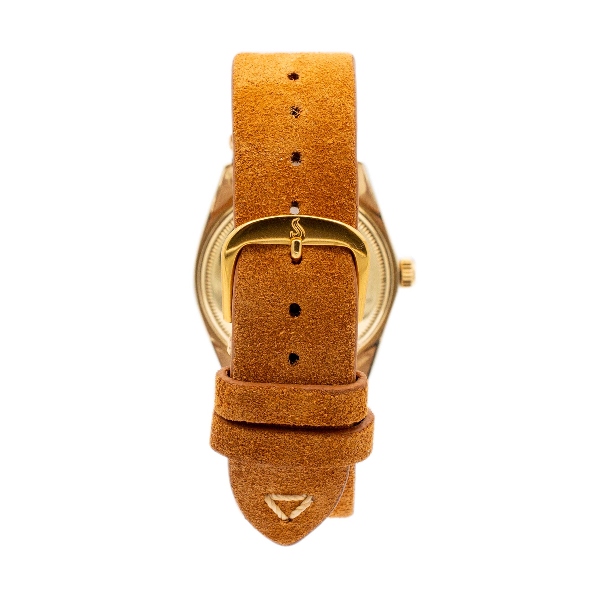 Rolex Oyster Perpetual Date Lachs Zifferblatt 14K Gelbgold Uhr, Vintage 1966 für Damen oder Herren im Angebot