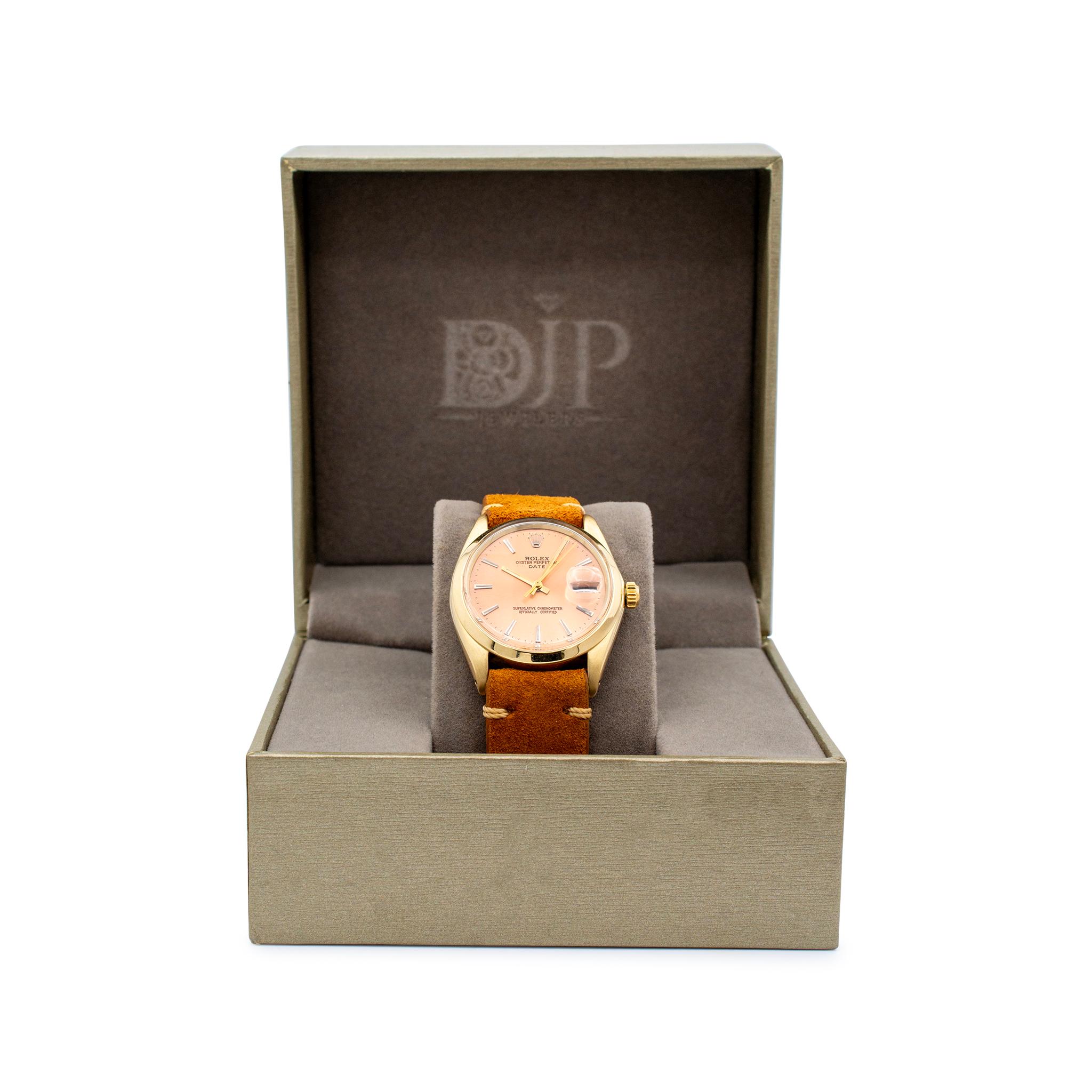 1966 Vintage Rolex Oyster Perpetual Date 34MM 1500 Lachs Zifferblatt 14K Golduhr 1