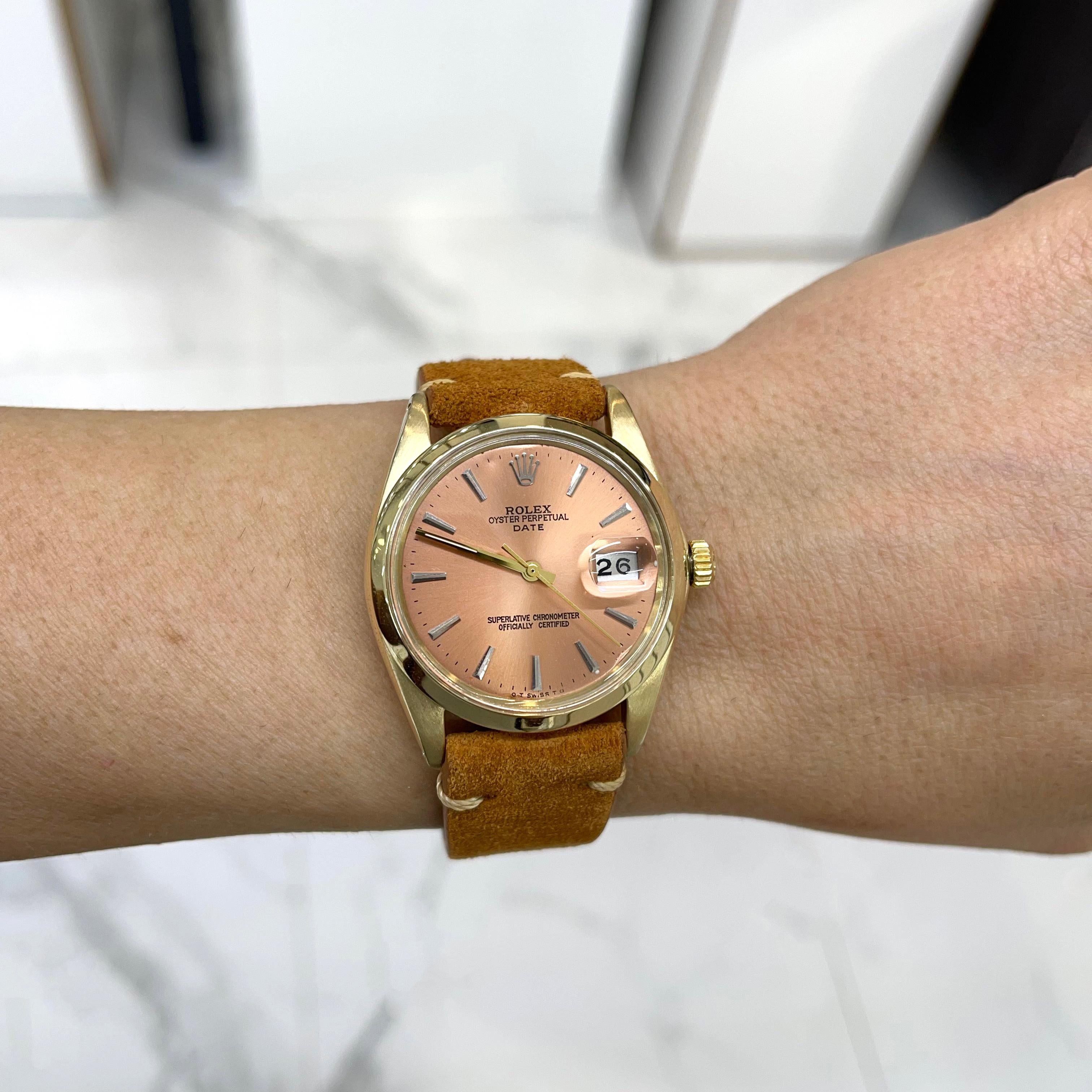 Vintage 1966 Rolex Oyster Perpetual Date Salmon Dial 14K Yellow Gold Watch For Sale 2