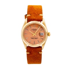 Rolex Oyster Perpetual Date Lachs Zifferblatt 14K Gelbgold Uhr, Vintage 1966