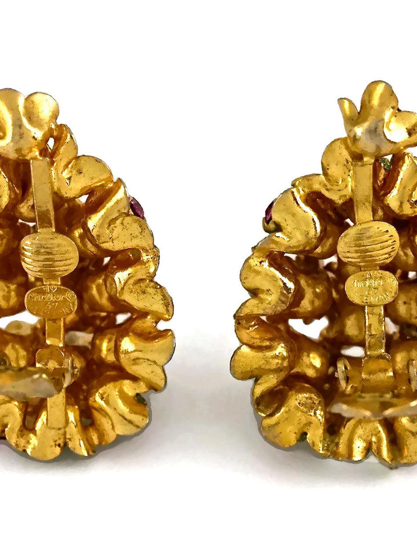 Vintage 1967 CHRISTIAN DIOR Cluster Enamel Flower Pearl Rhinestone Earrings 6