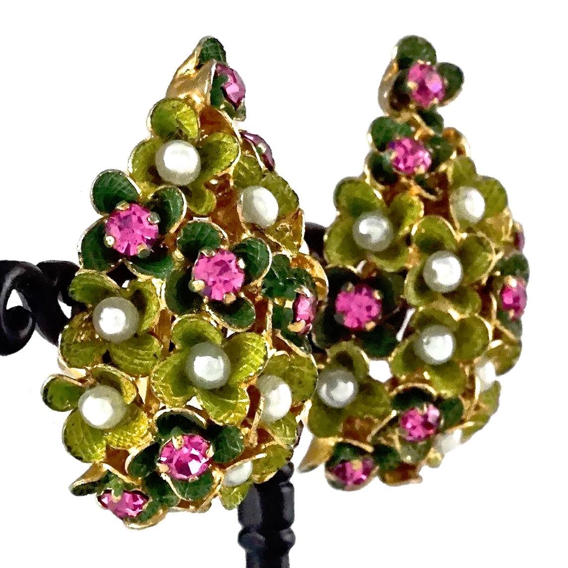Women's Vintage 1967 CHRISTIAN DIOR Cluster Enamel Flower Pearl Rhinestone Earrings