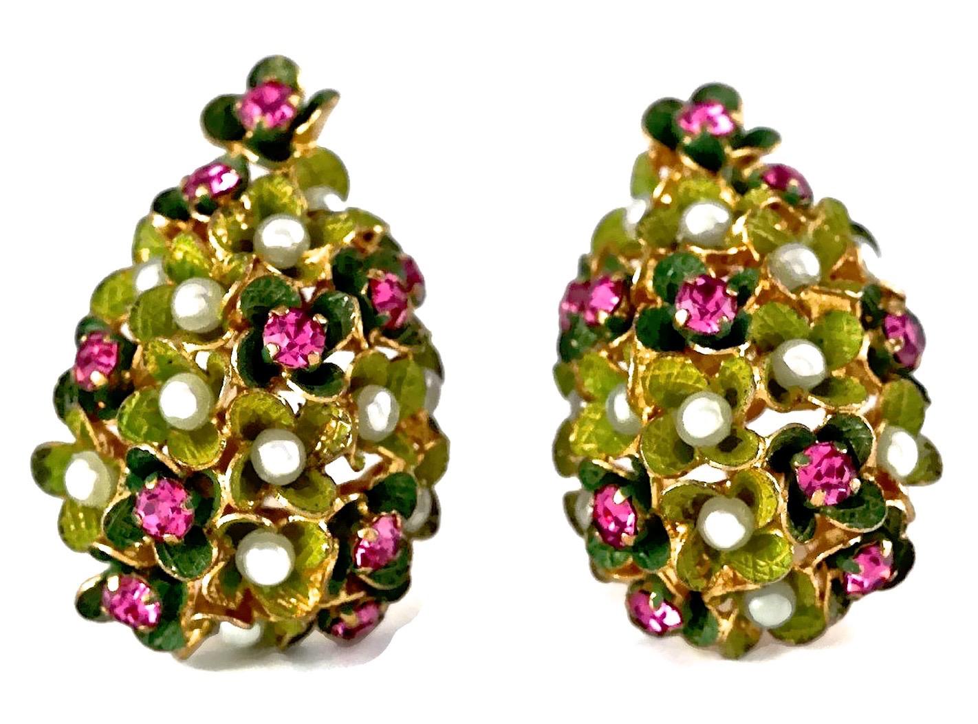 Vintage 1967 CHRISTIAN DIOR Cluster Enamel Flower Pearl Rhinestone Earrings 1