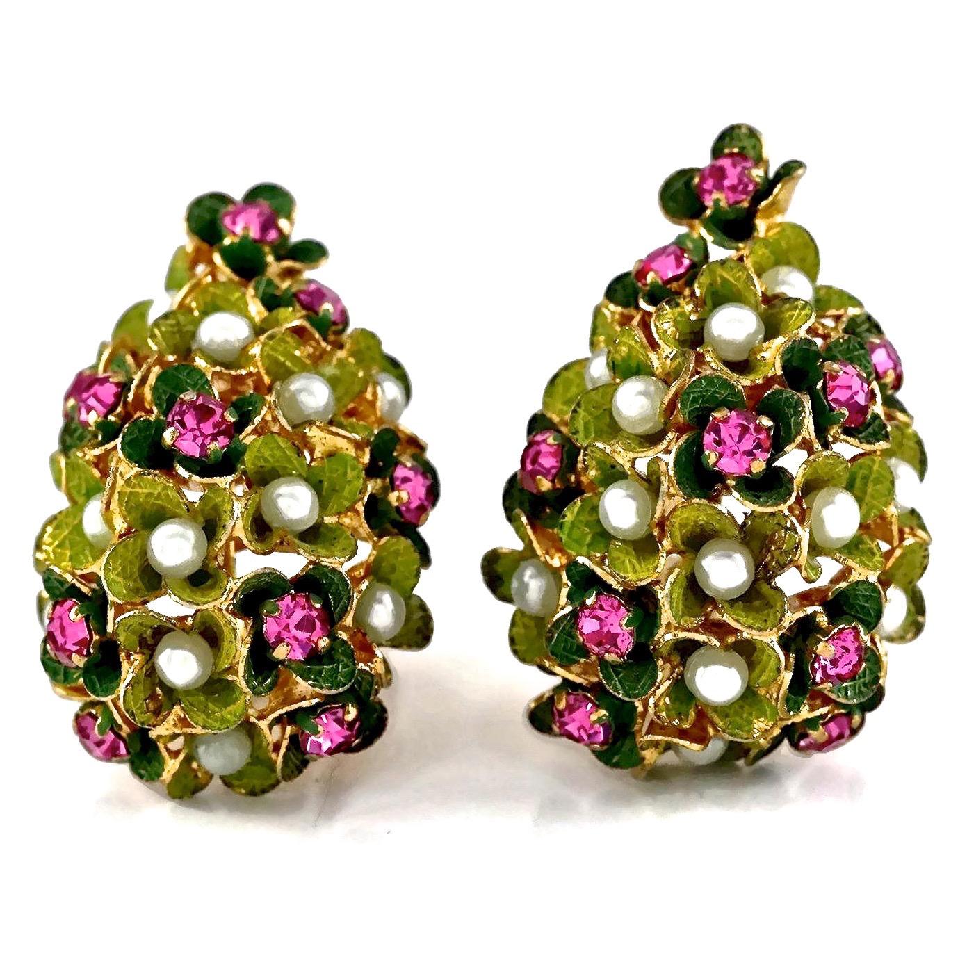 Vintage 1967 CHRISTIAN DIOR Cluster Enamel Flower Pearl Rhinestone Earrings 2