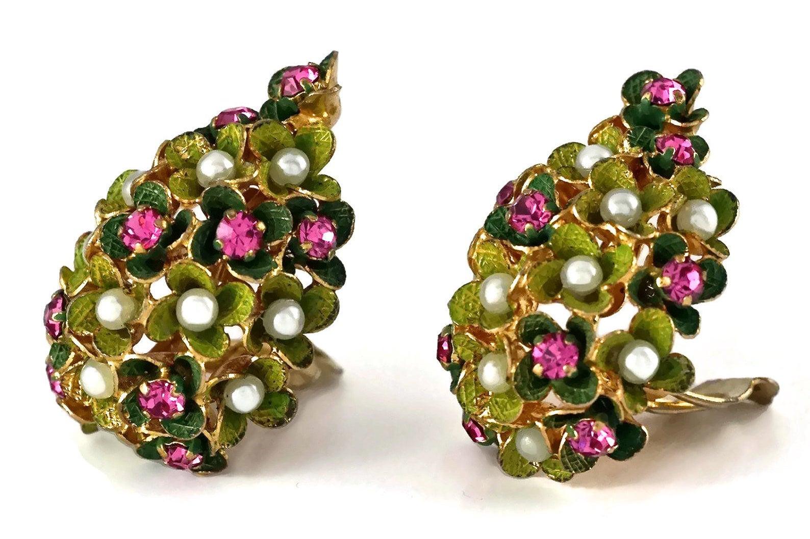 Vintage 1967 CHRISTIAN DIOR Cluster Enamel Flower Pearl Rhinestone Earrings 3