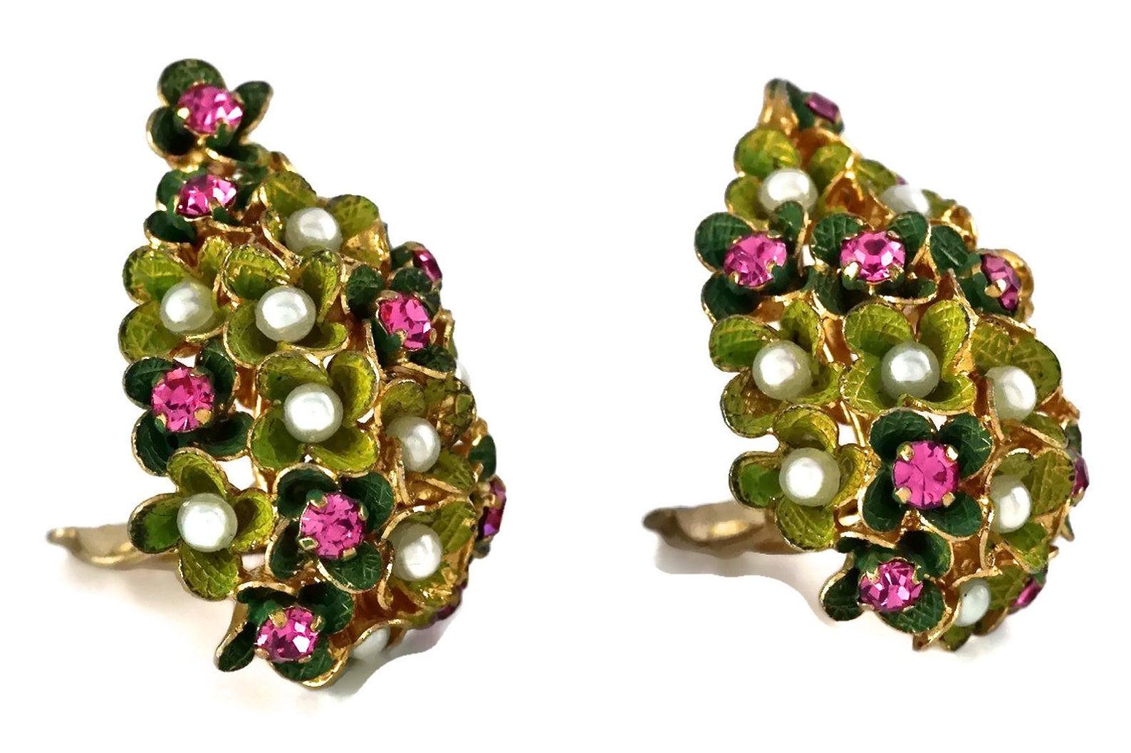 Vintage 1967 CHRISTIAN DIOR Cluster Enamel Flower Pearl Rhinestone Earrings 4