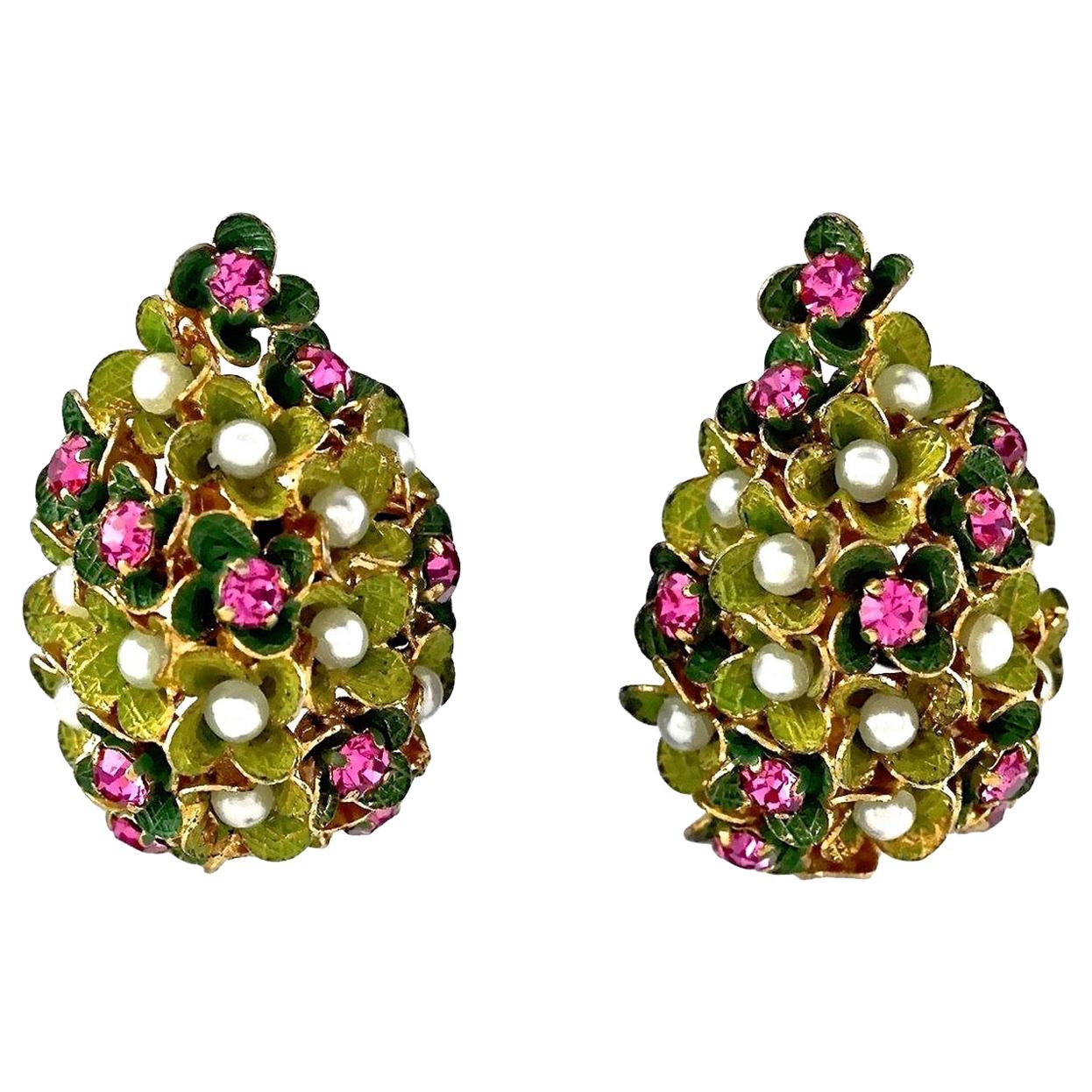 Vintage 1967 CHRISTIAN DIOR Cluster Enamel Flower Pearl Rhinestone Earrings