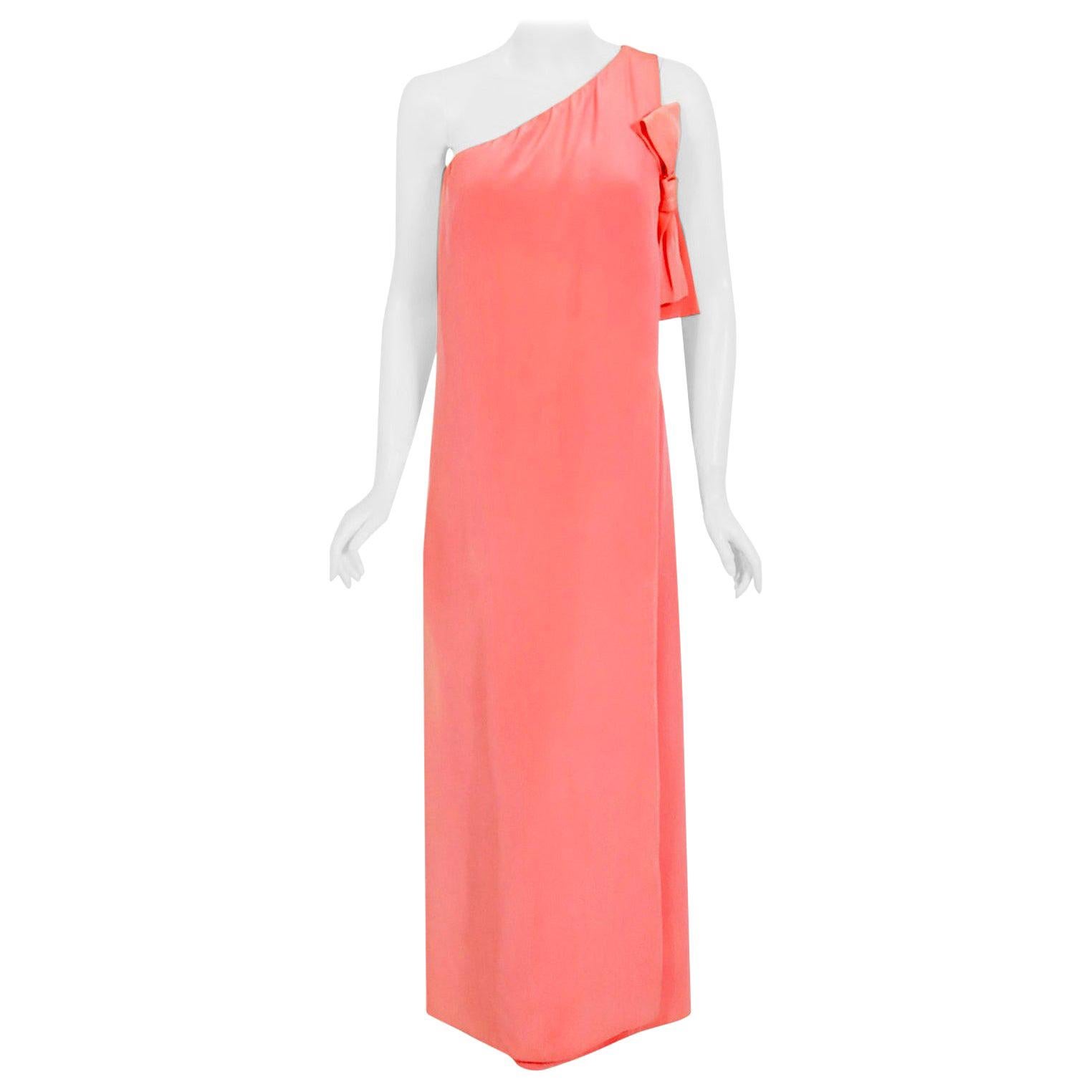 Vintage 1967 Christian Dior Haute Couture Bubblegum Pink Silk One-Shoulder Gown