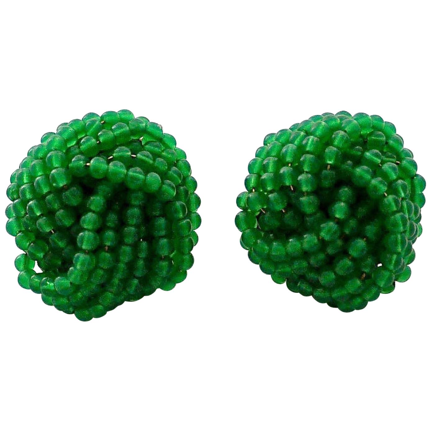 Vintage 1967 CHRISTIAN DIOR Knotted Emerald Glass Beads Earrings For Sale