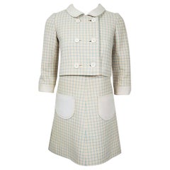 Vintage 1967 Courreges Couture Creme Blue Checkered Wool Mod Dress & Jacket