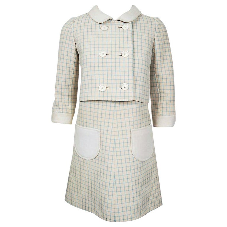 Vintage 1967 Courreges Couture Creme Blue Checkered Wool Mod Dress & Jacket