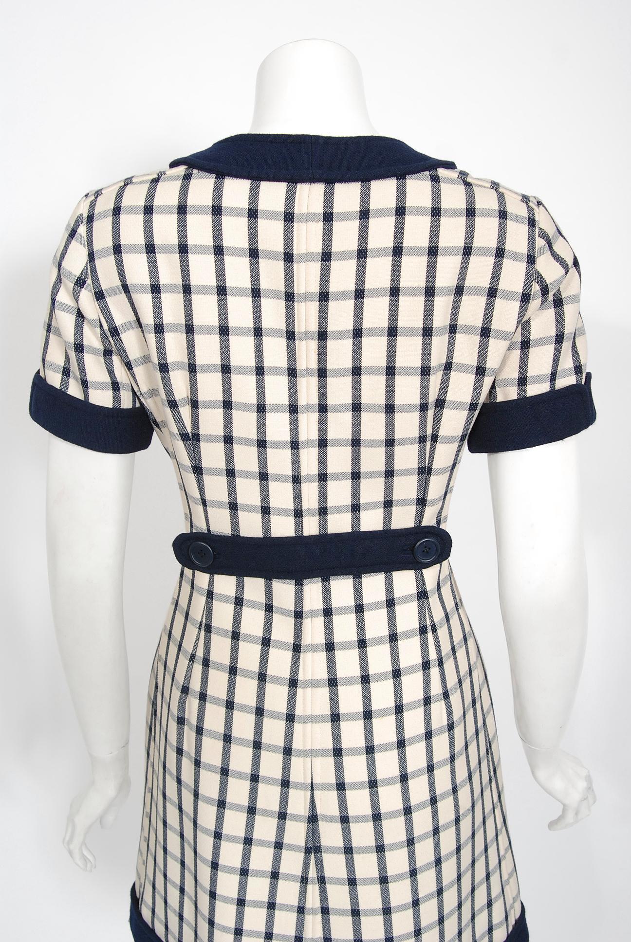 Vintage 1967 Courreges Couture Navy Ivory Checkered Wool Space-Age Mini Dress 2