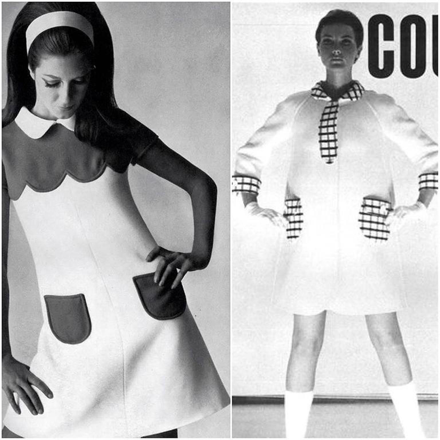 Vintage 1967 Courreges Couture Navy Ivory Checkered Wool Space-Age Mini Dress 4
