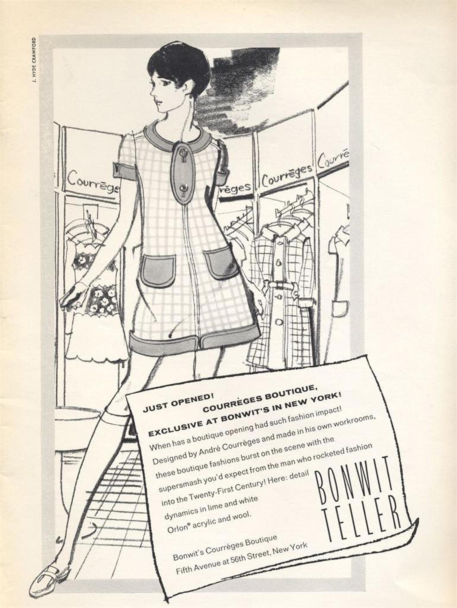 Andre Courreges launched his Space-Age collection in 1964. The shapes of his clothes were geometric: squares, trapezoids, triangles. The main features of his ultra-modern, uncluttered look spread quickly throughout the fashion world, especially the