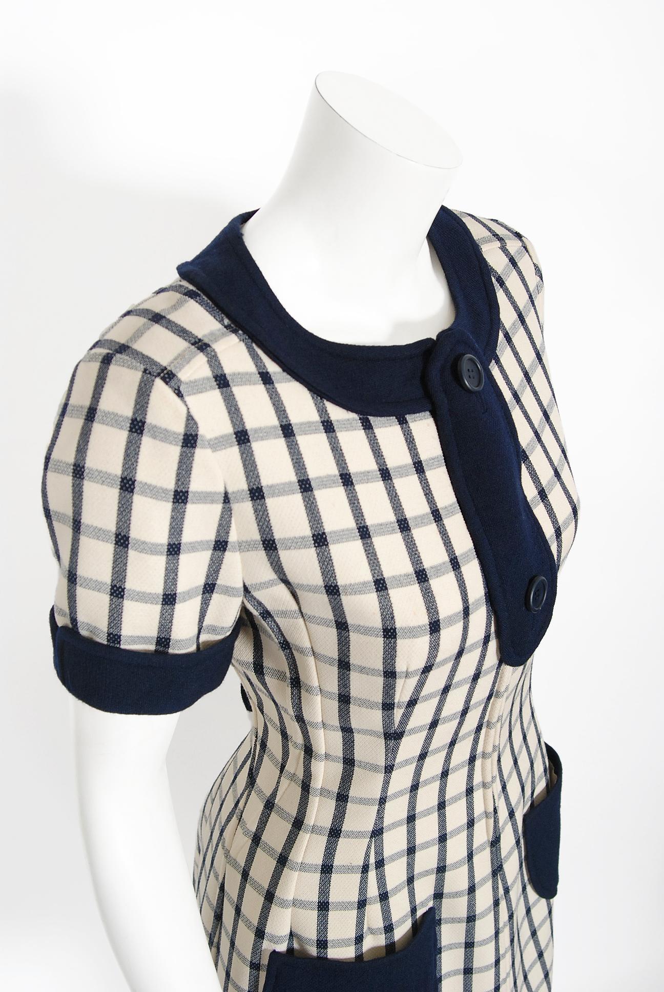 Gray Vintage 1967 Courreges Couture Navy Ivory Checkered Wool Space-Age Mini Dress