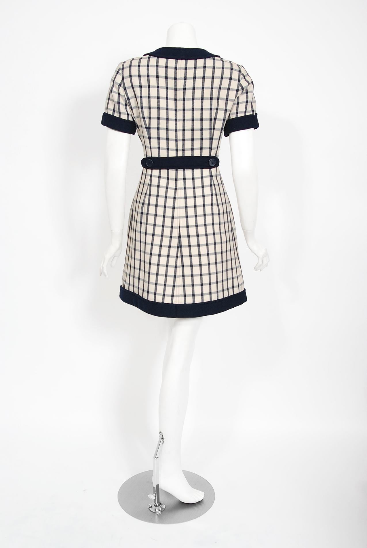 Vintage 1967 Courreges Couture Navy Ivory Checkered Wool Space-Age Mini Dress 1