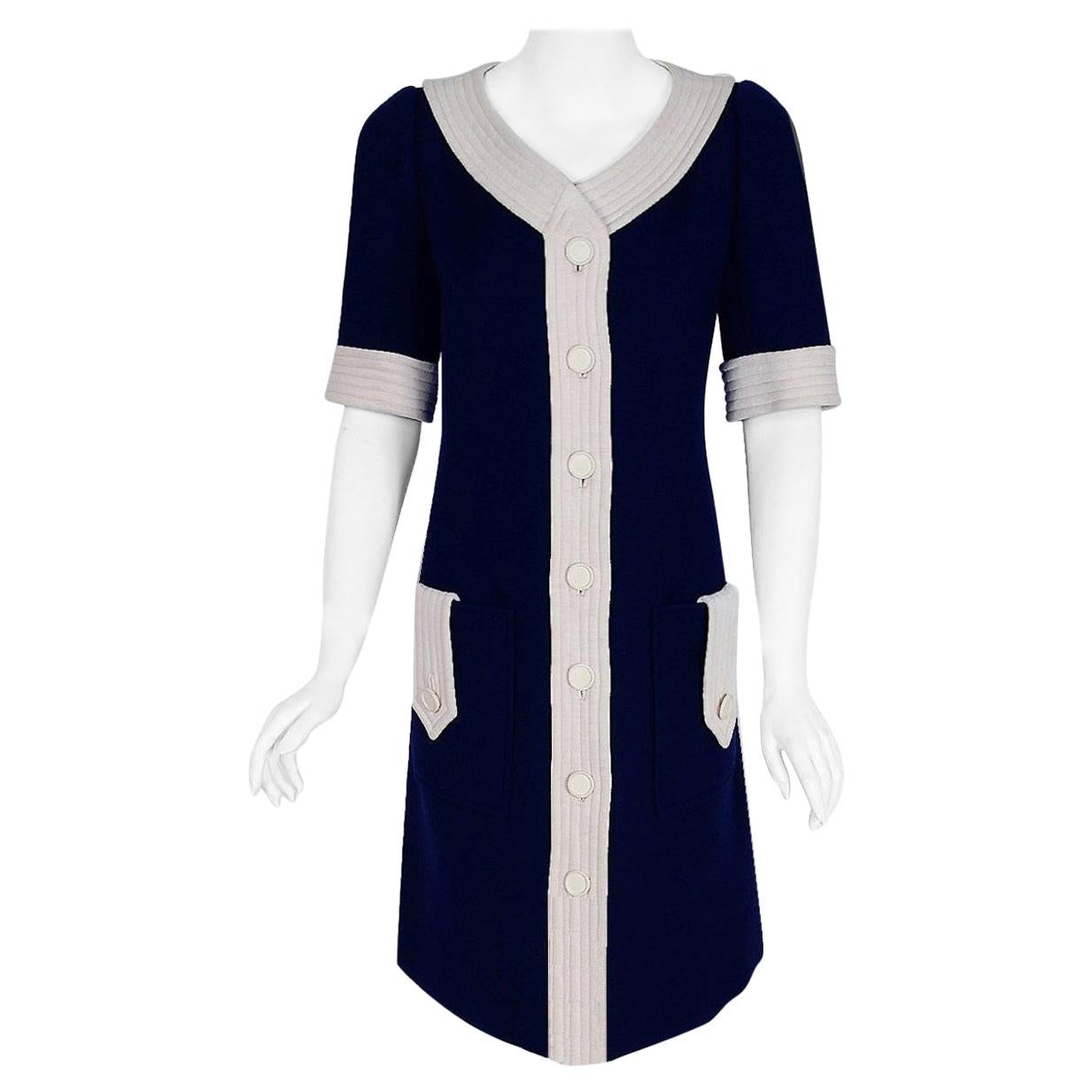 Vintage 1967 Courreges Couture Navy & White Wool Block Color Mod Space-Age Dress