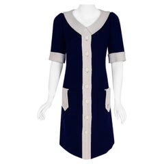 Vintage 1967 Courreges Couture Navy & White Wool Block Color Mod Space-Age Dress