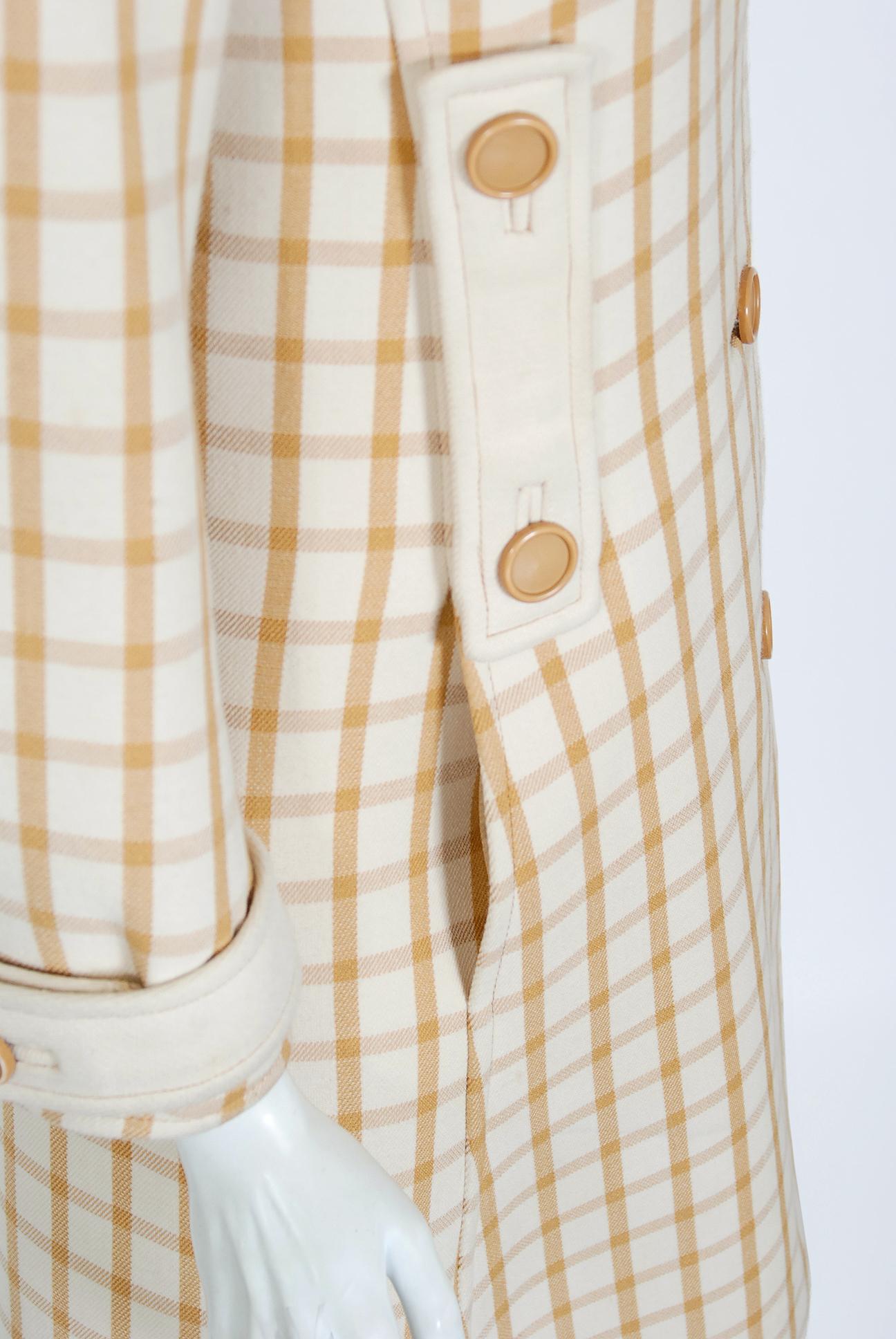 Beige Vintage 1967 Courreges Couture Tan and Ivory Checkered Wool Mod Jacket Coat  