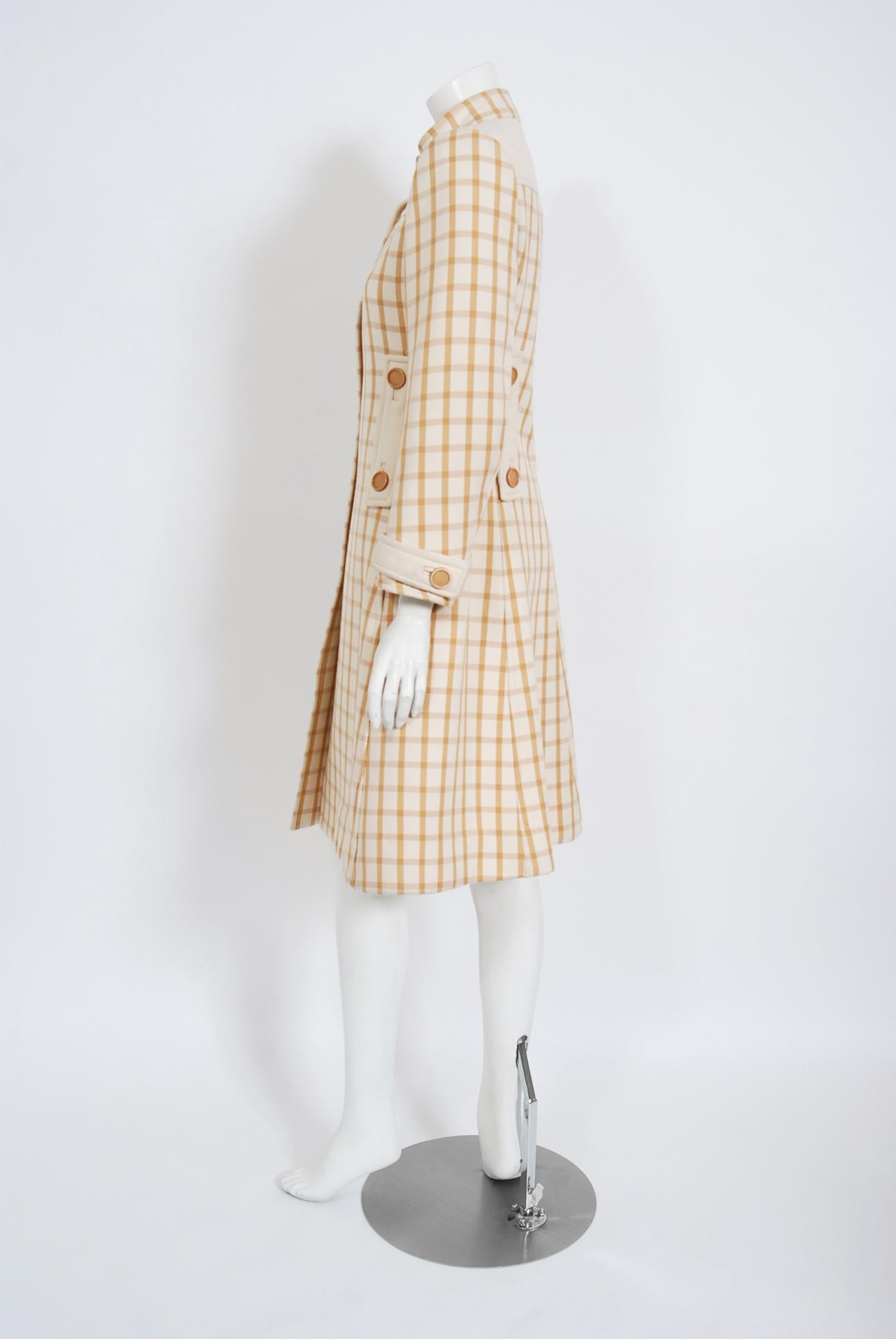 Women's Vintage 1967 Courreges Couture Tan and Ivory Checkered Wool Mod Jacket Coat  