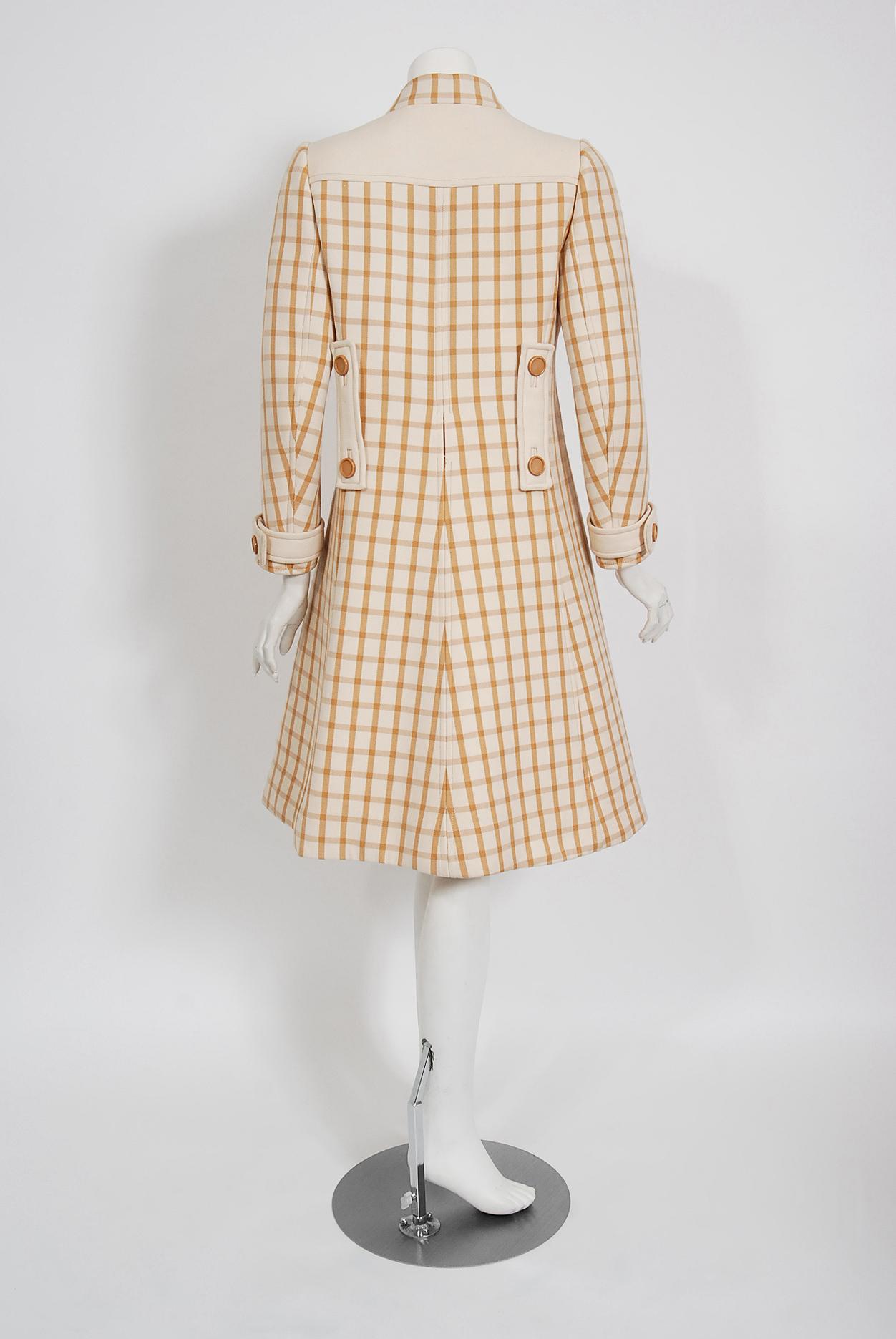 Vintage 1967 Courreges Couture Tan and Ivory Checkered Wool Mod Jacket Coat   1