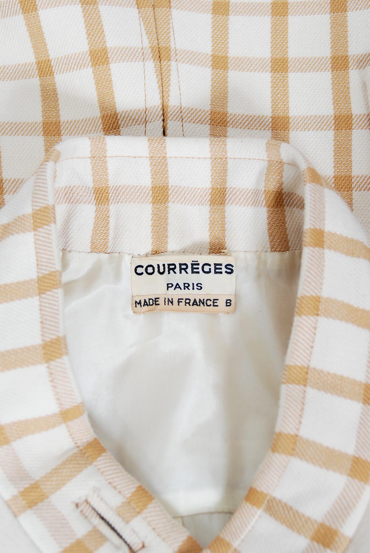 Vintage 1967 Courreges Couture Tan and Ivory Checkered Wool Mod Jacket Coat   3