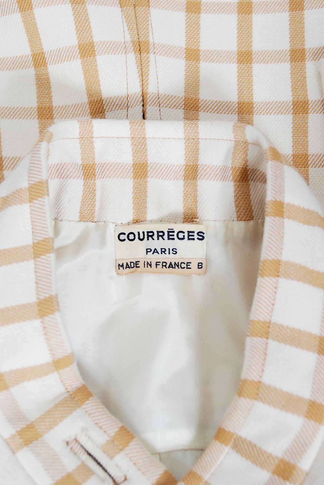 Vintage 1967 Courreges Couture Tan and Ivory Checkered Wool Mod Jacket Coat 4