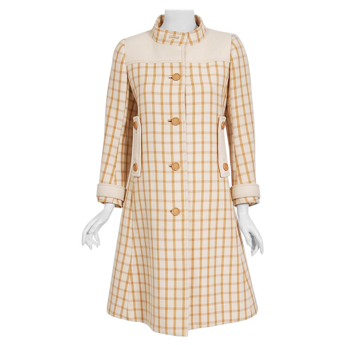 Vintage 1967 Courreges Couture Tan and Ivory Checkered Wool Mod Jacket Coat  