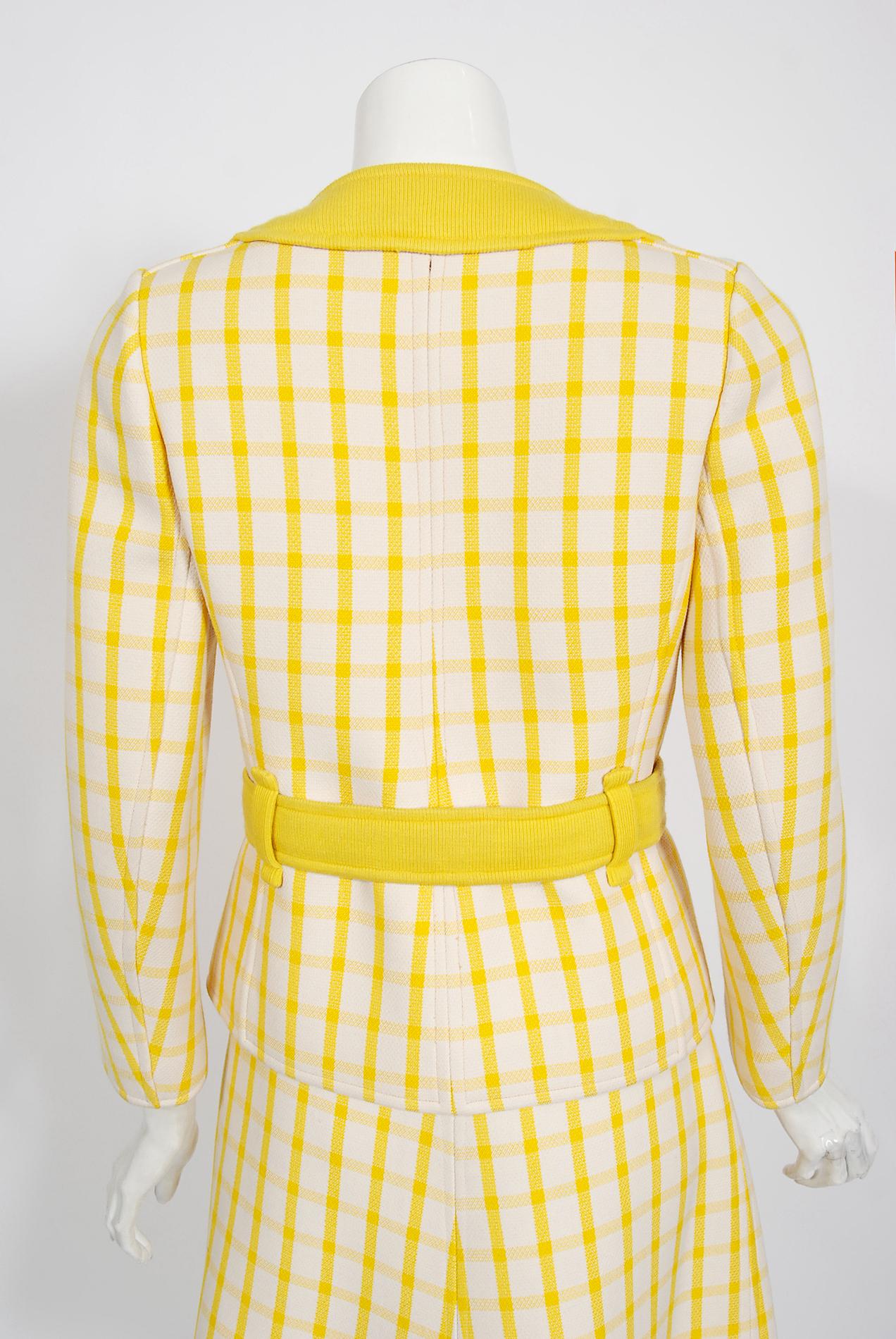 Vintage 1967 Courreges Couture Yellow White Checkered Wool Belted Jacket & Skirt For Sale 4