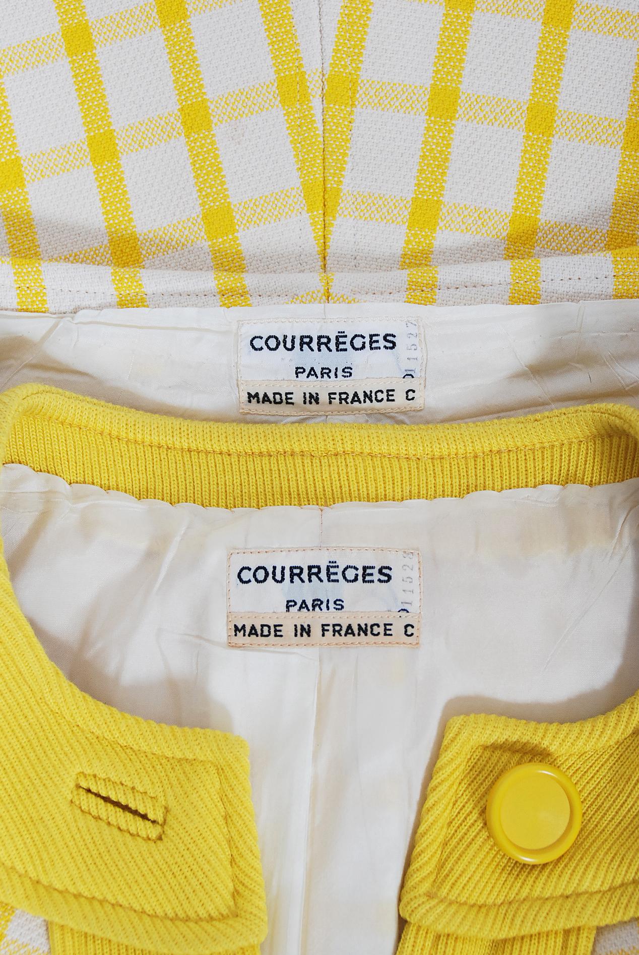 Vintage 1967 Courreges Couture Yellow White Checkered Wool Belted Jacket & Skirt For Sale 5