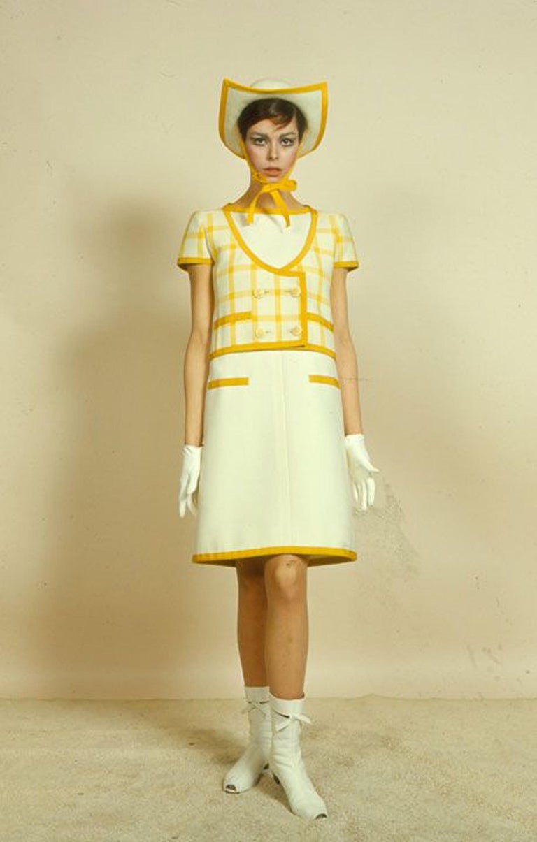 Vintage 1967 Courreges Couture Yellow White Chequered Wool Belted Jacket  and Skirt For Sale at 1stDibs