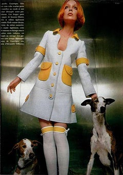 Vintage 1967 Courreges Couture Yellow White Checkered Wool Belted Jacket & Skirt