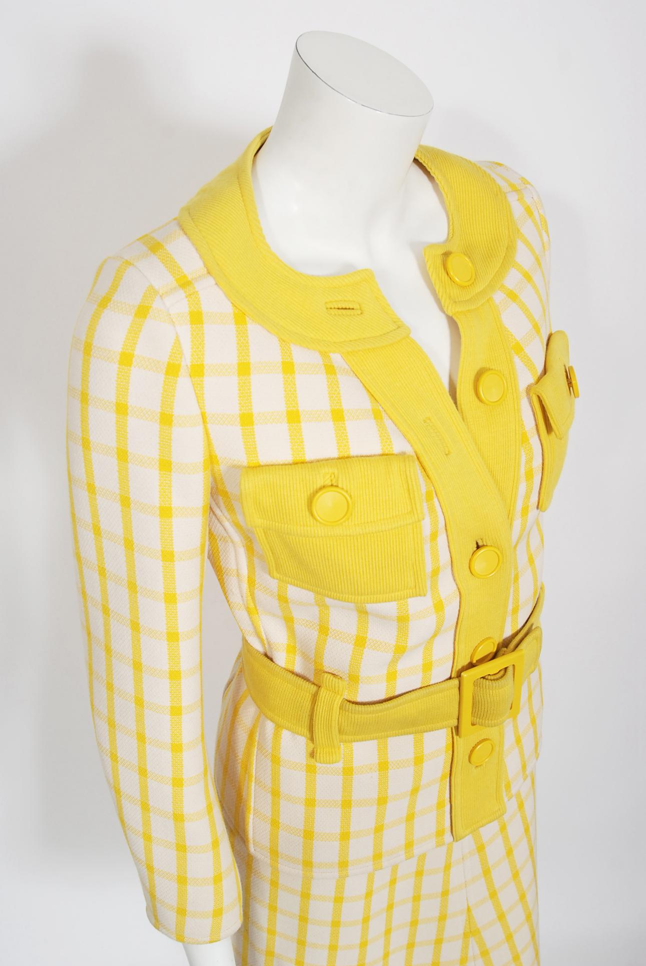 Orange Vintage 1967 Courreges Couture Yellow White Checkered Wool Belted Jacket & Skirt For Sale
