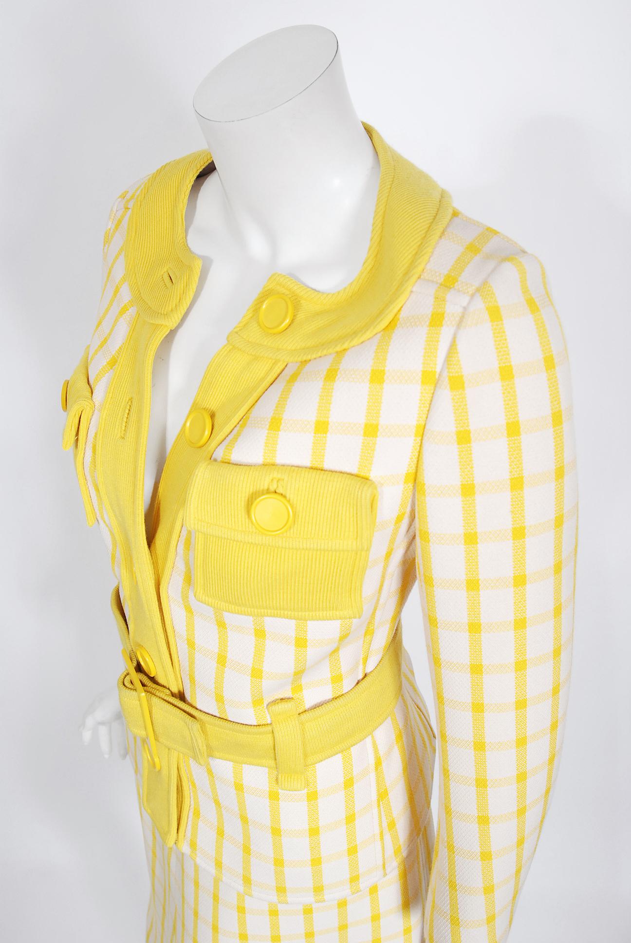 Vintage 1967 Courreges Couture Yellow White Checkered Wool Belted Jacket & Skirt In Good Condition For Sale In Beverly Hills, CA