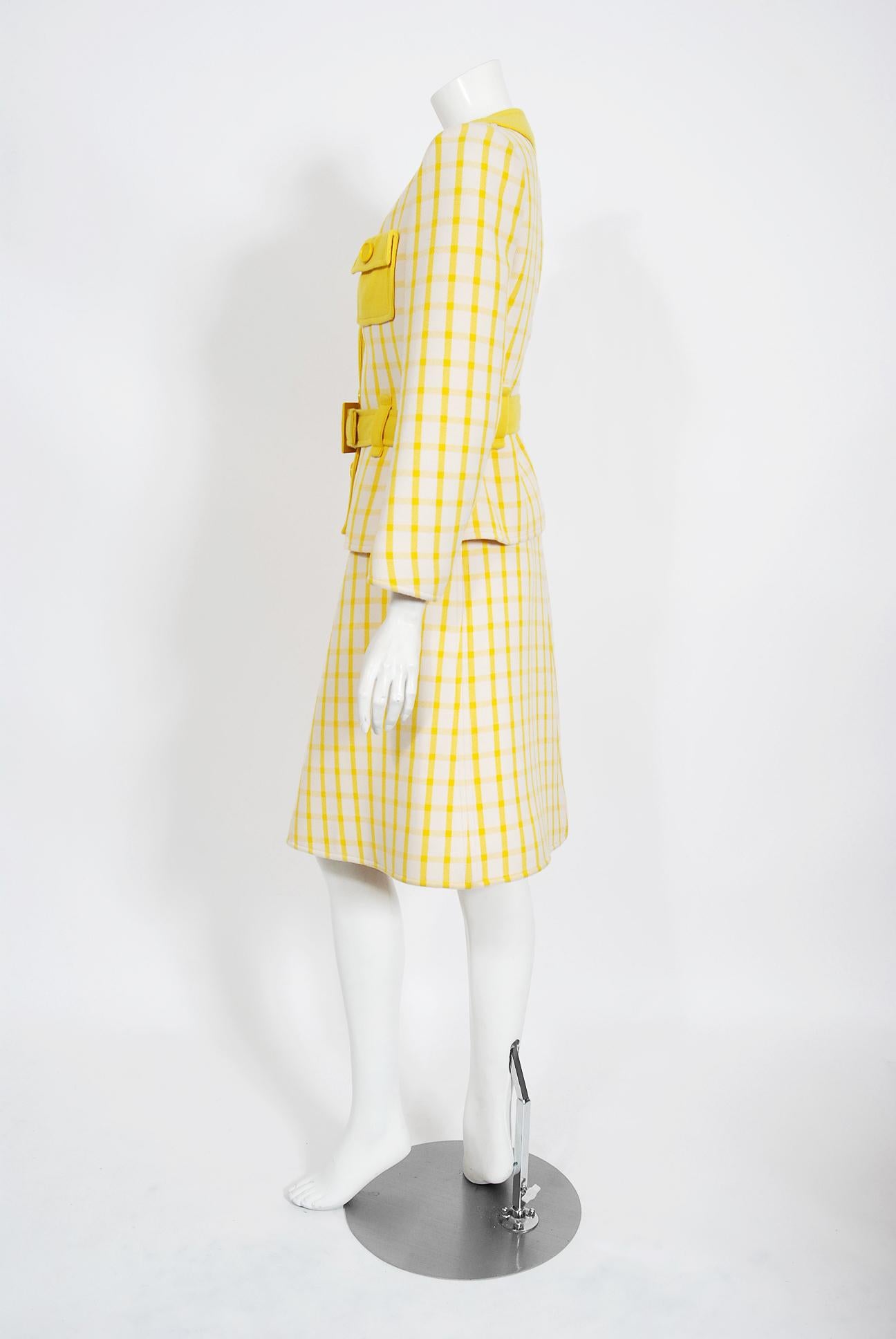 Women's Vintage 1967 Courreges Couture Yellow White Checkered Wool Belted Jacket & Skirt For Sale