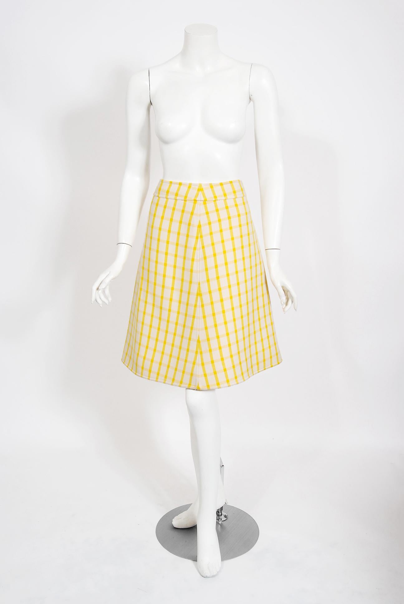 Vintage 1967 Courreges Couture Yellow White Checkered Wool Belted Jacket & Skirt For Sale 2