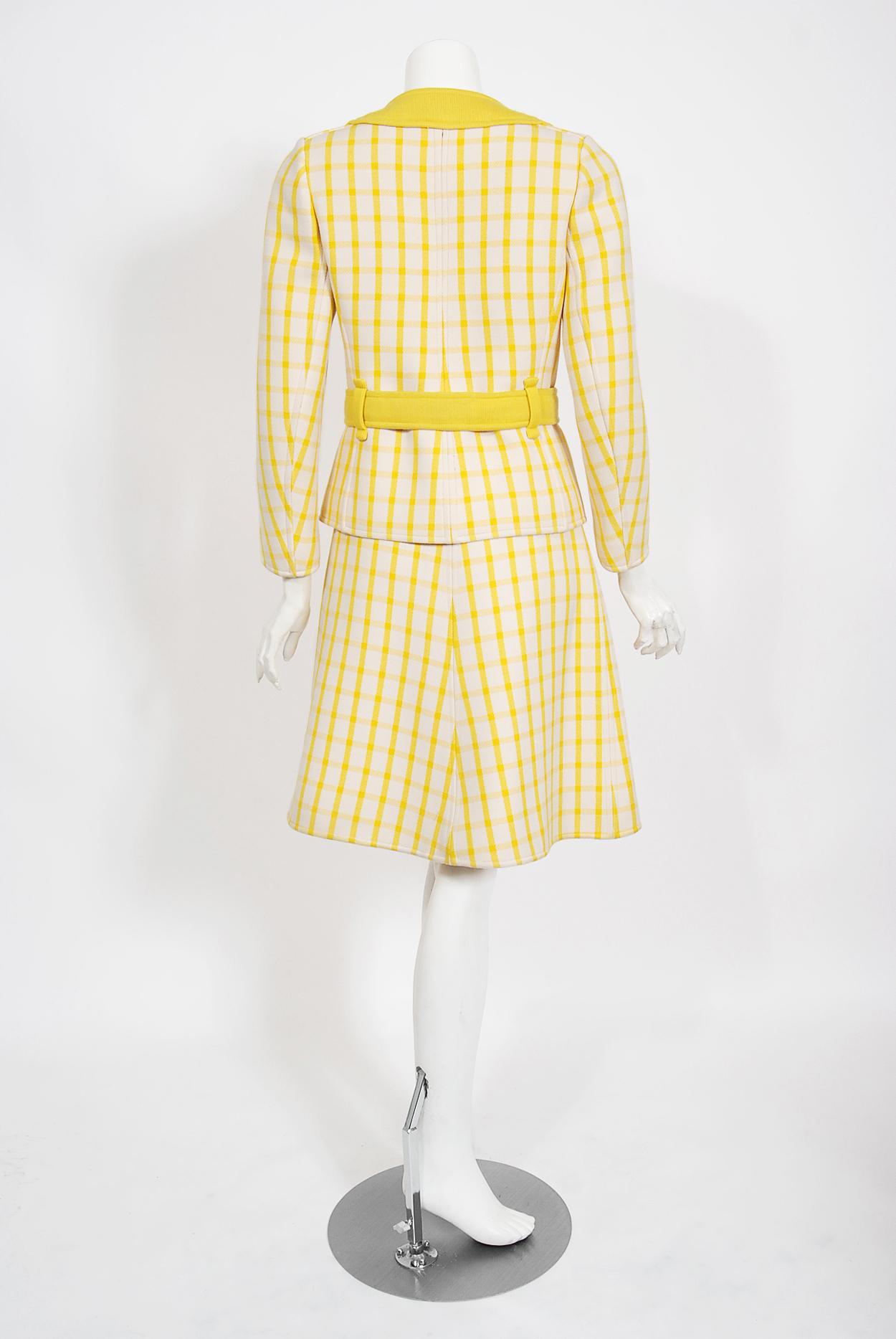 Vintage 1967 Courreges Couture Yellow White Checkered Wool Belted Jacket & Skirt For Sale 3