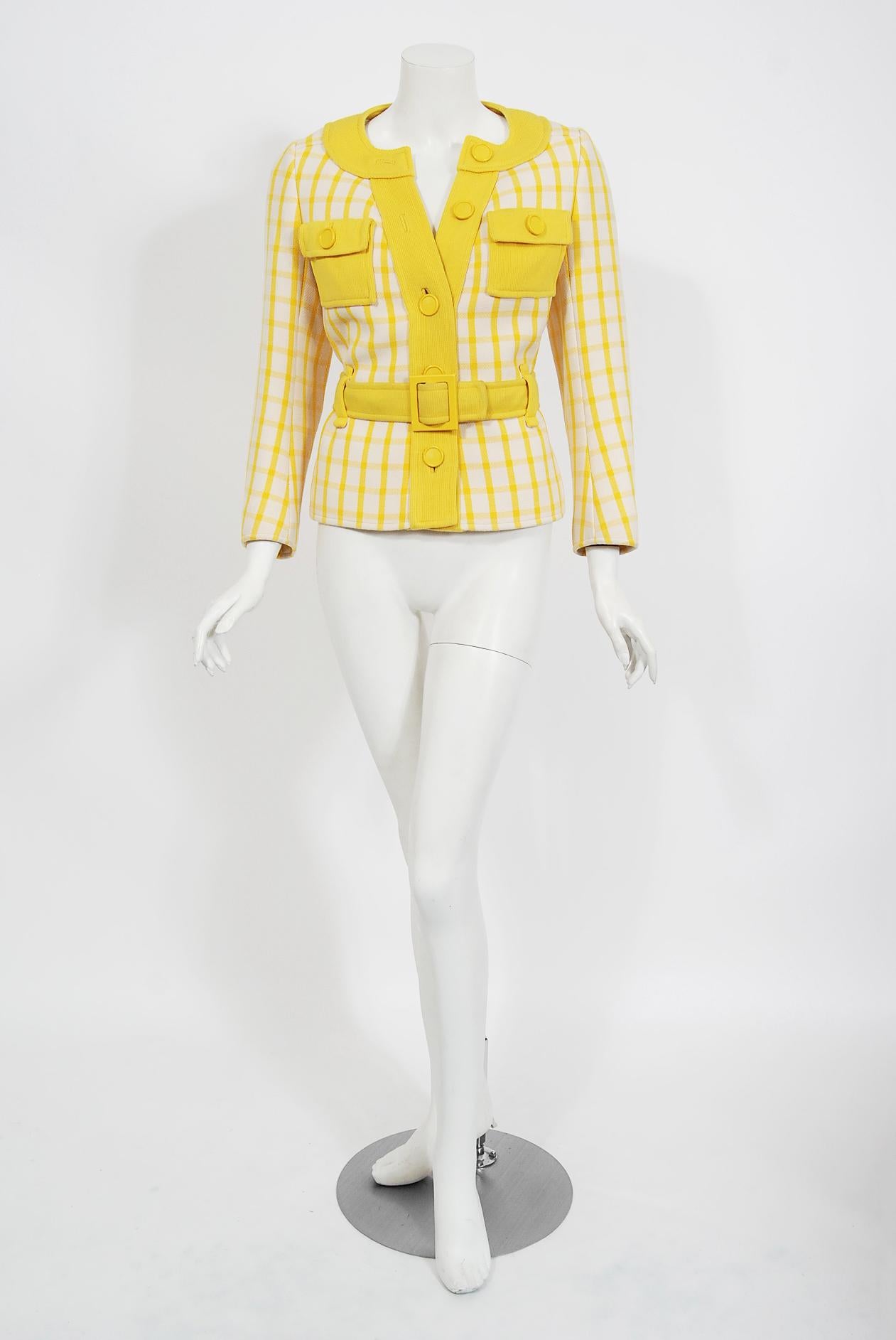 Vintage 1967 Courreges Couture Yellow White Checkered Wool Belted Jacket & Skirt For Sale 1