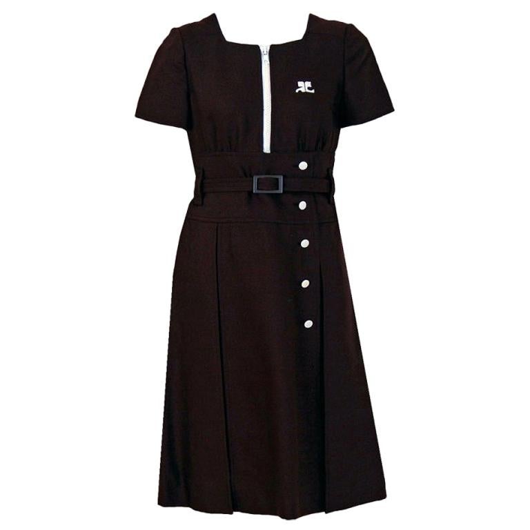 Vintage 1967 Courreges Numbered Couture Brown Silk Mod Belted Space-Age Dress For Sale