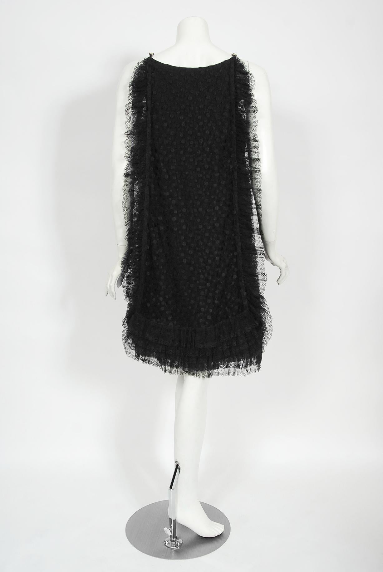 Vintage 1967 Galanos Couture Documented Black Polka-Dot Lace Mod Cocktail Dress 8