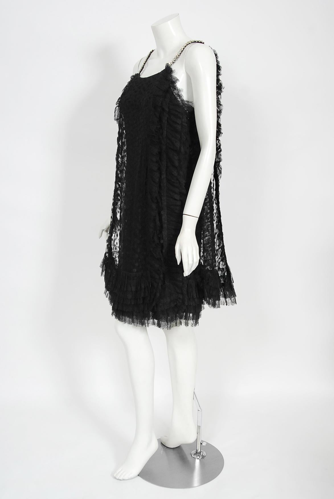 Vintage 1967 Galanos Couture Documented Black Polka-Dot Lace Mod Cocktail Dress In Good Condition In Beverly Hills, CA