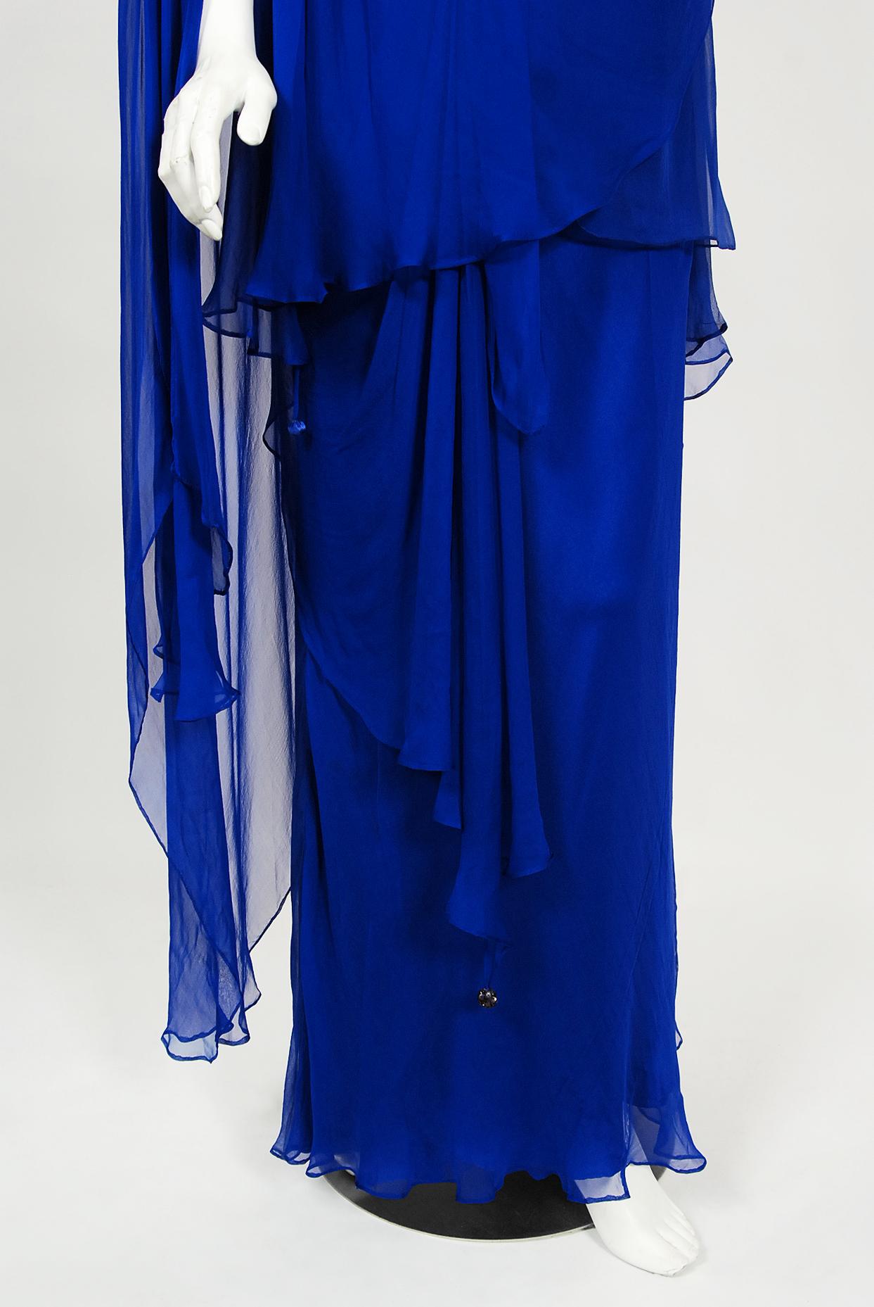 Vintage 1967 Givenchy Haute Couture Cobalt Blue Draped Silk Chiffon Caftan Gown For Sale 6