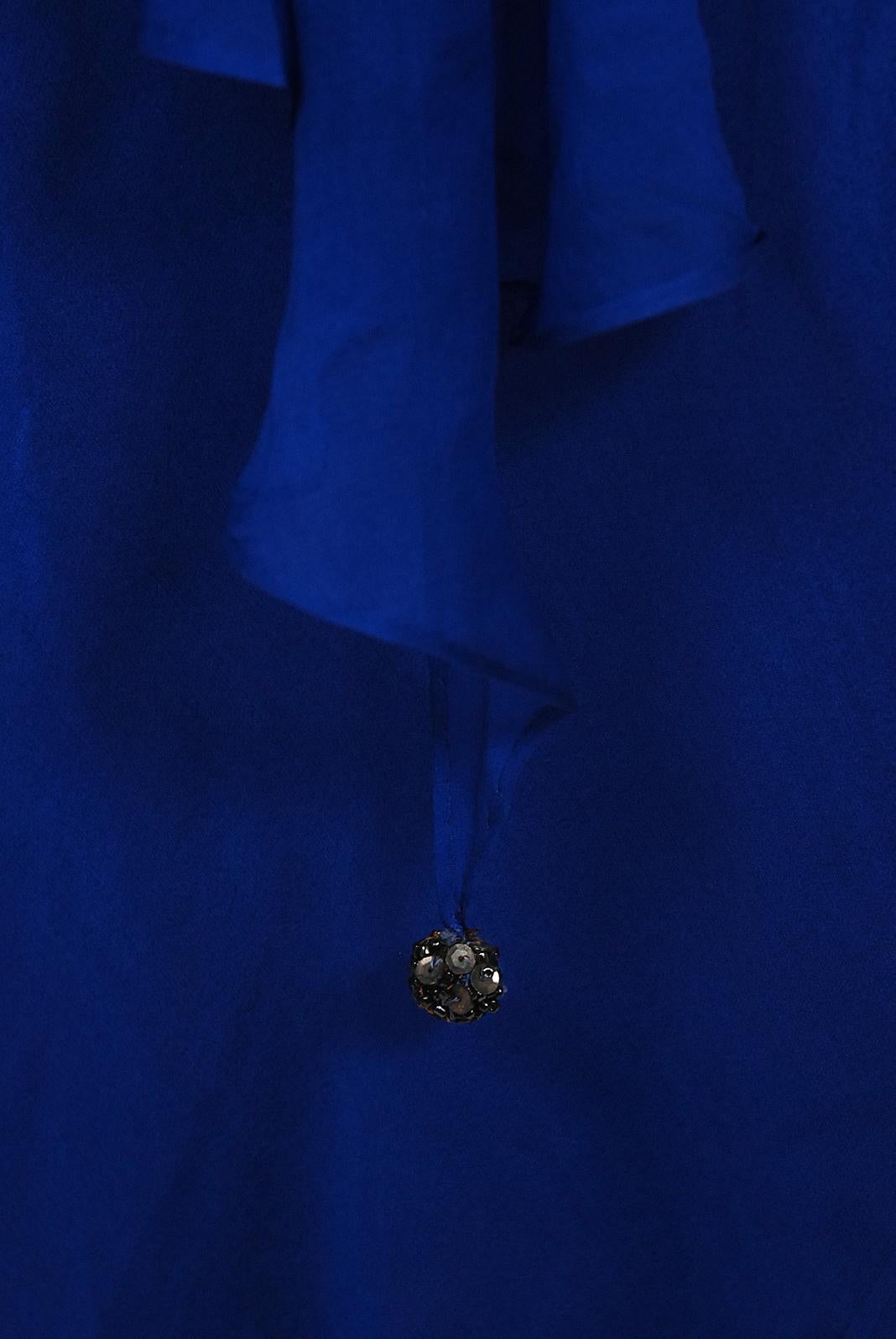 Vintage 1967 Givenchy Haute Couture Cobalt Blue Draped Silk Chiffon Caftan Gown For Sale 7