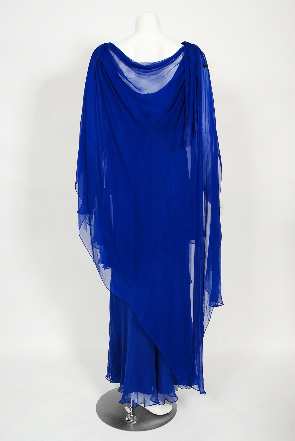 Vintage 1967 Givenchy Haute Couture Cobalt Blue Draped Silk Chiffon Caftan Gown For Sale 8