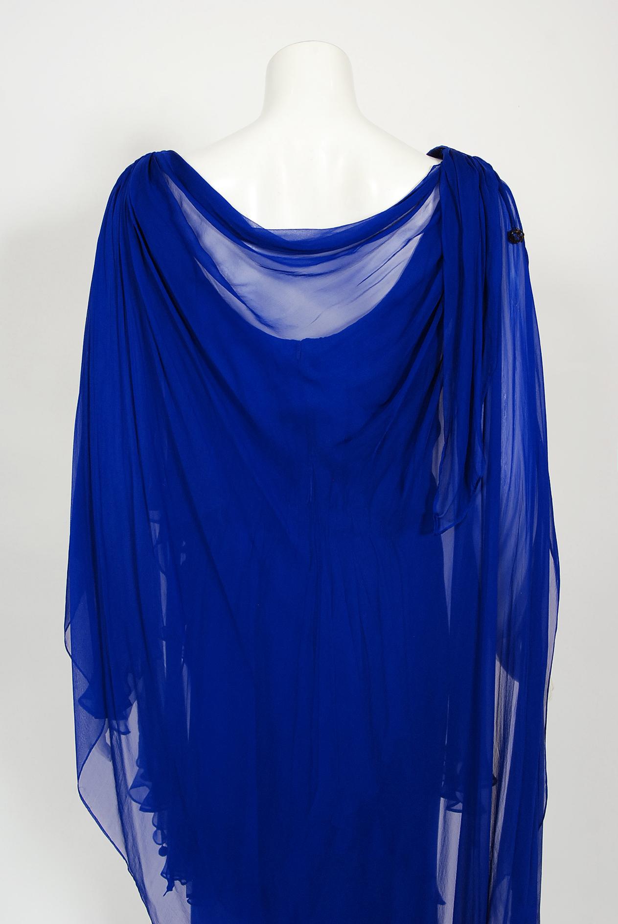 1967 Givenchy Haute Couture Cobalt Blue Draped Sheer Silk Chiffon Caftan Gown For Sale 9
