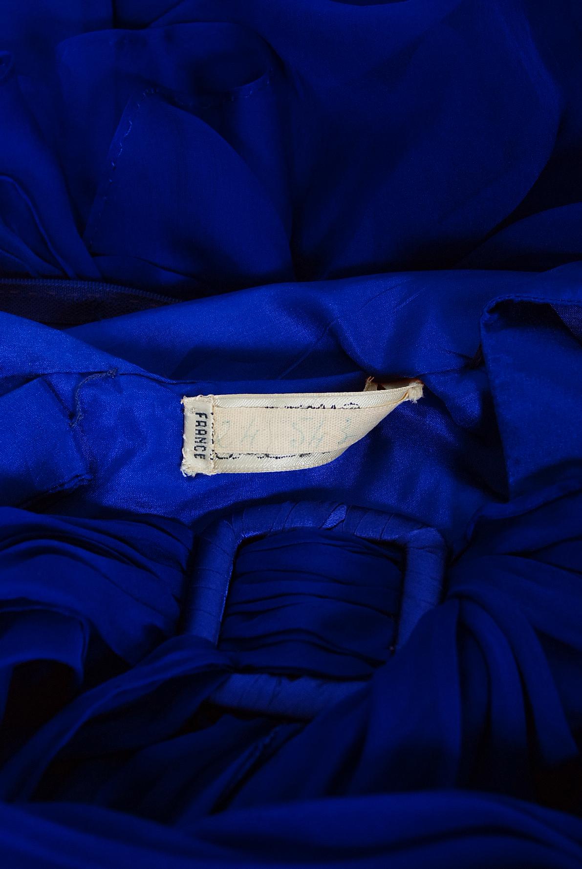 Vintage 1967 Givenchy Haute Couture Cobalt Blue Draped Silk Chiffon Caftan Gown For Sale 11