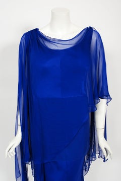 1967 Givenchy Haute Couture Cobalt Blue Draped Sheer Silk Chiffon Caftan Gown