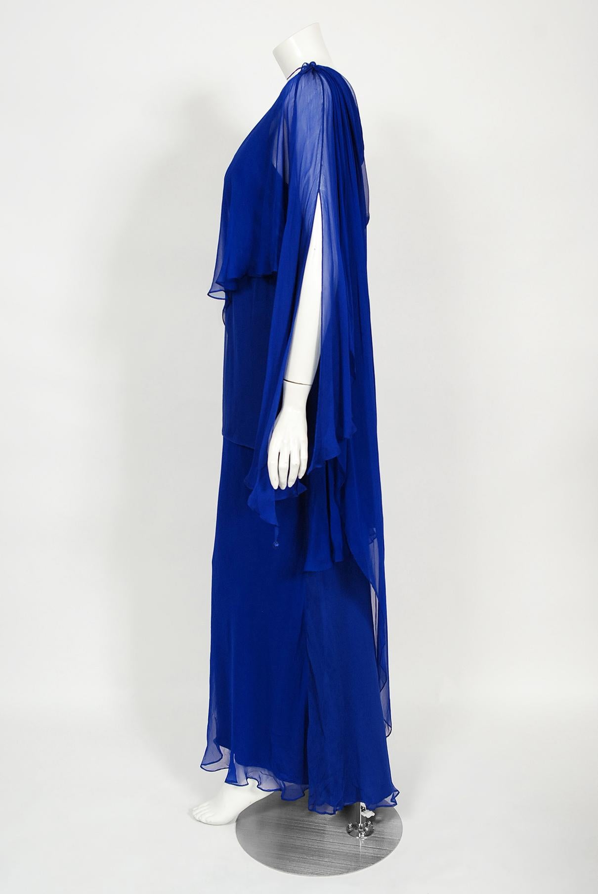 Vintage 1967 Givenchy Haute Couture Cobalt Blue Draped Silk Chiffon Caftan Gown For Sale 5