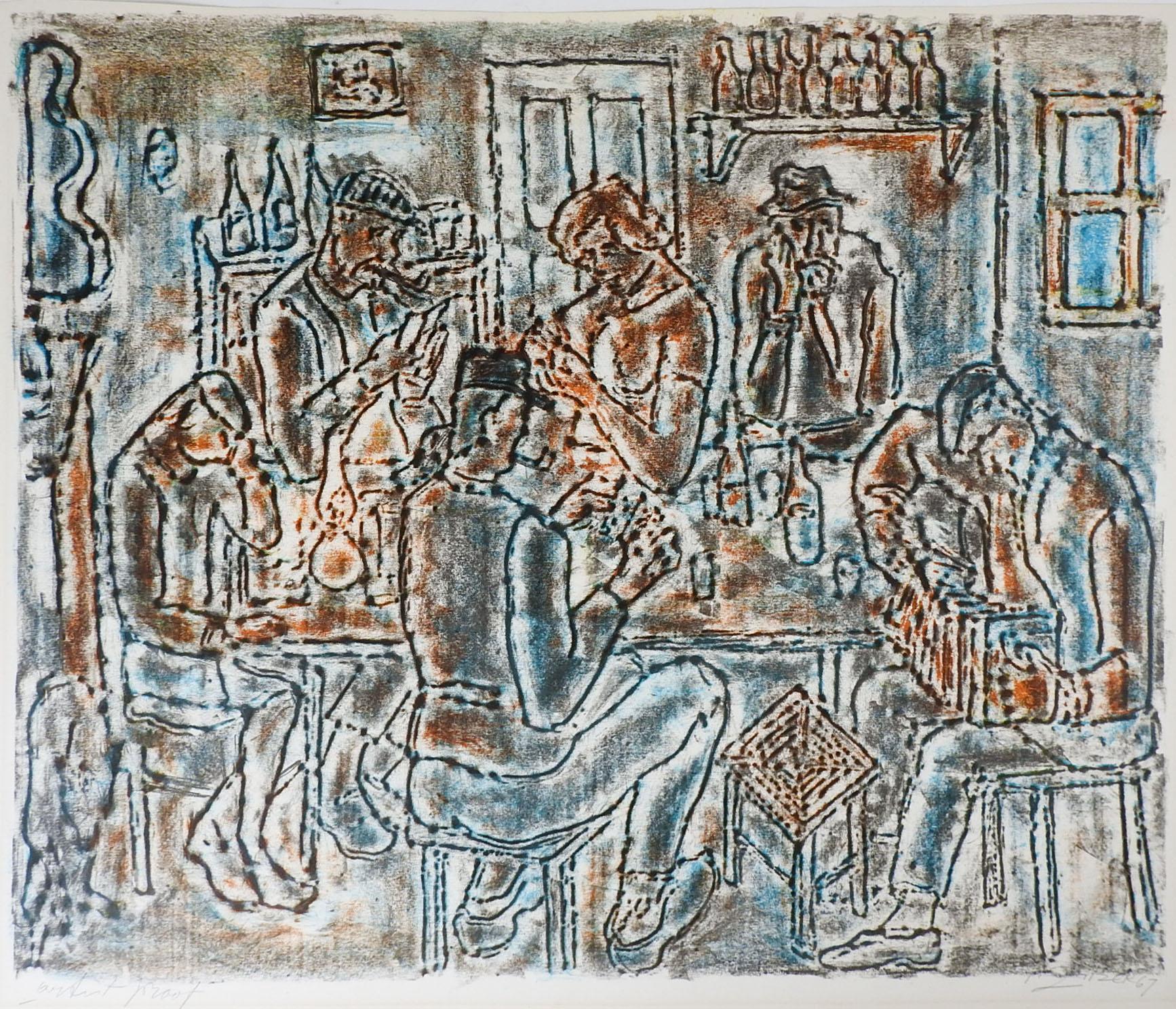 Vintage 1967 lithograph on paper abstract tavern scene by Gyula Zilzer (1898-1969) Hungary, California. Signed, dated, artist proof in pencil along lower margin. Unframed, age toning along edges.